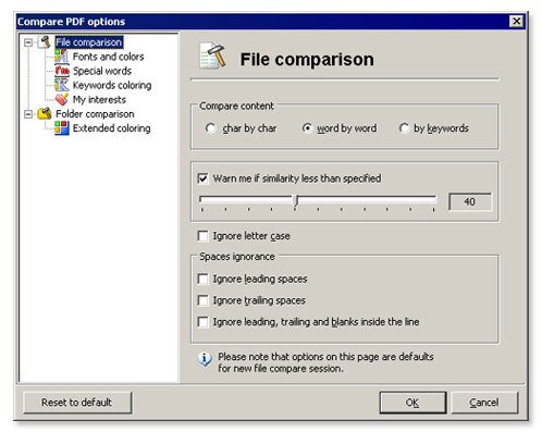 Compare PDF's options allows to specify compare setting and plugins using rules